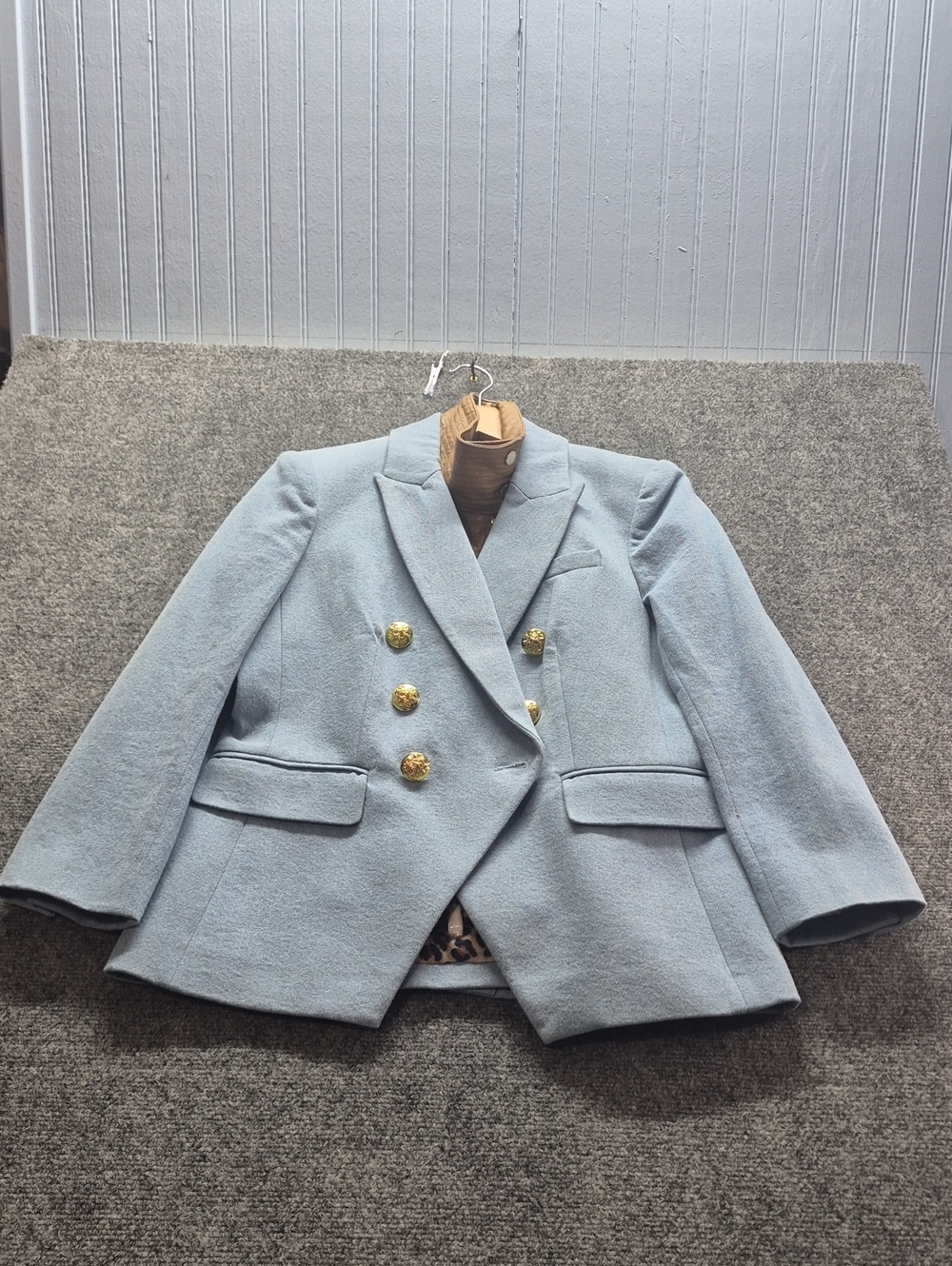 Veronica Beard Blue Blazer With Leather Khaki Dickey Size 4 Women's